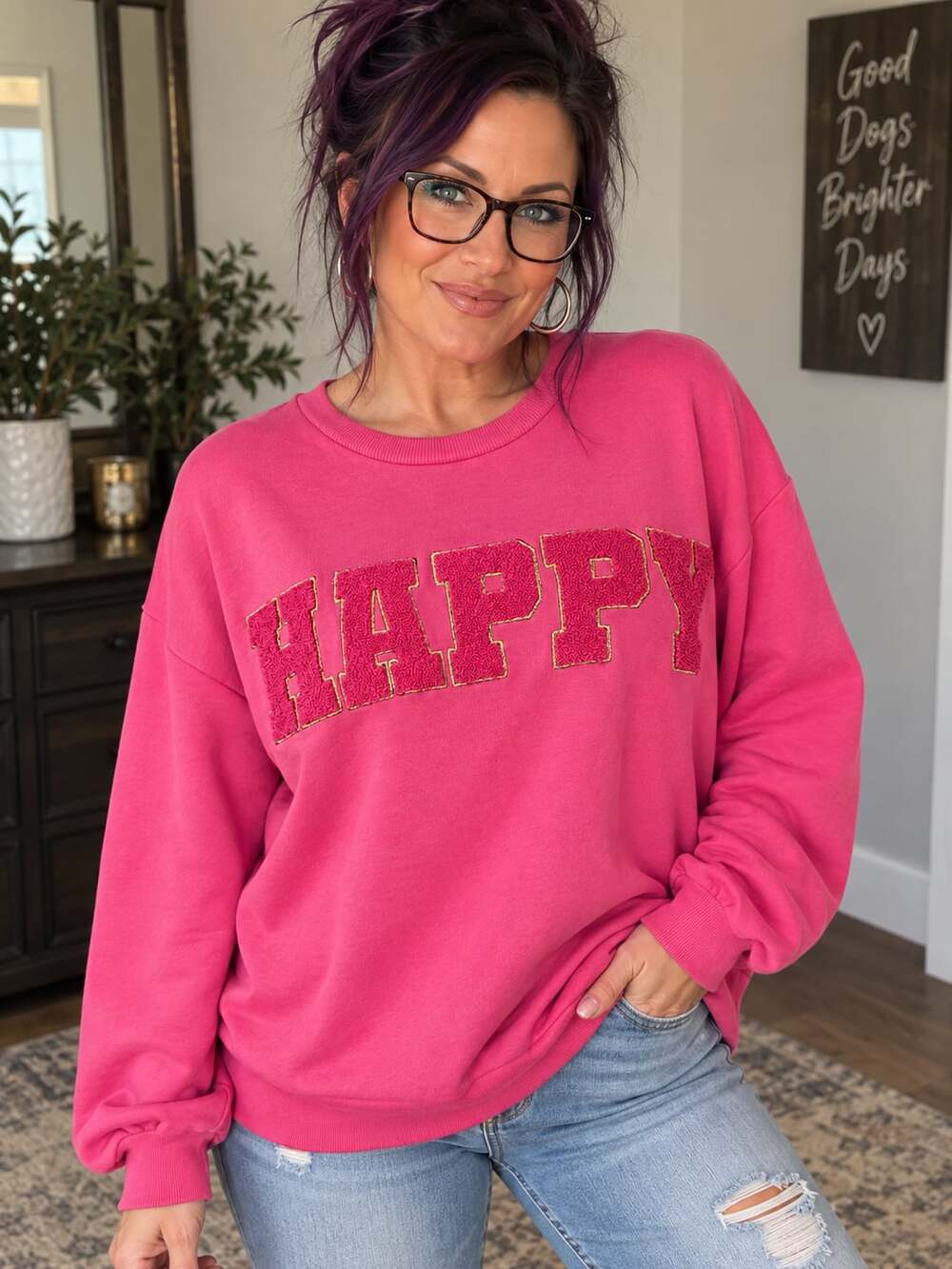 Crown & Ivy Happy Sweatshirt Size M Hot Pink Chenille Lettering Crewneck